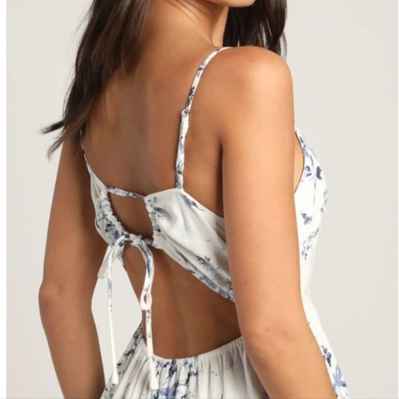 Mykonos Mood Ivory Floral Print Tie-Strap Tiered Midi Dress Lulus - Picture 3 of 4